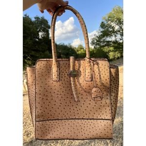 London Fog Ostrich Print Faux Leather Tote Purse Bag Brown Shoulder Straps Logo